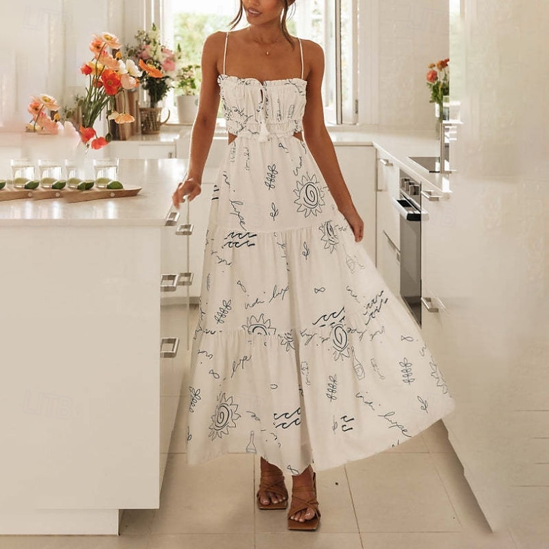 Dam Midiklänning Examensklänning Blommig klänning Slipklänning Klänning med tryck Mode Utomhus Helgdag Helgen Normal Blomma Ärmlös Smala axelband Vit Ljusblå Sommar 2025 - $25.99 –P4
