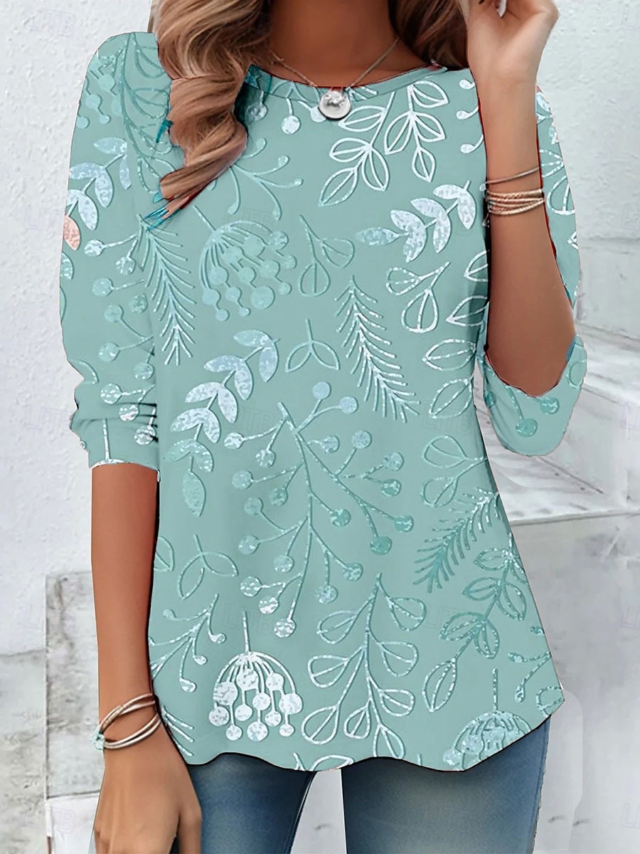 Mujer Camiseta Floral Graphic Casual Manga Larga Cuello Barco Tops regulares Diario Estampado Rosa Morado Verde Trébol Caqui Verano Primavera Otoño 2025 - $23.99 –P4
