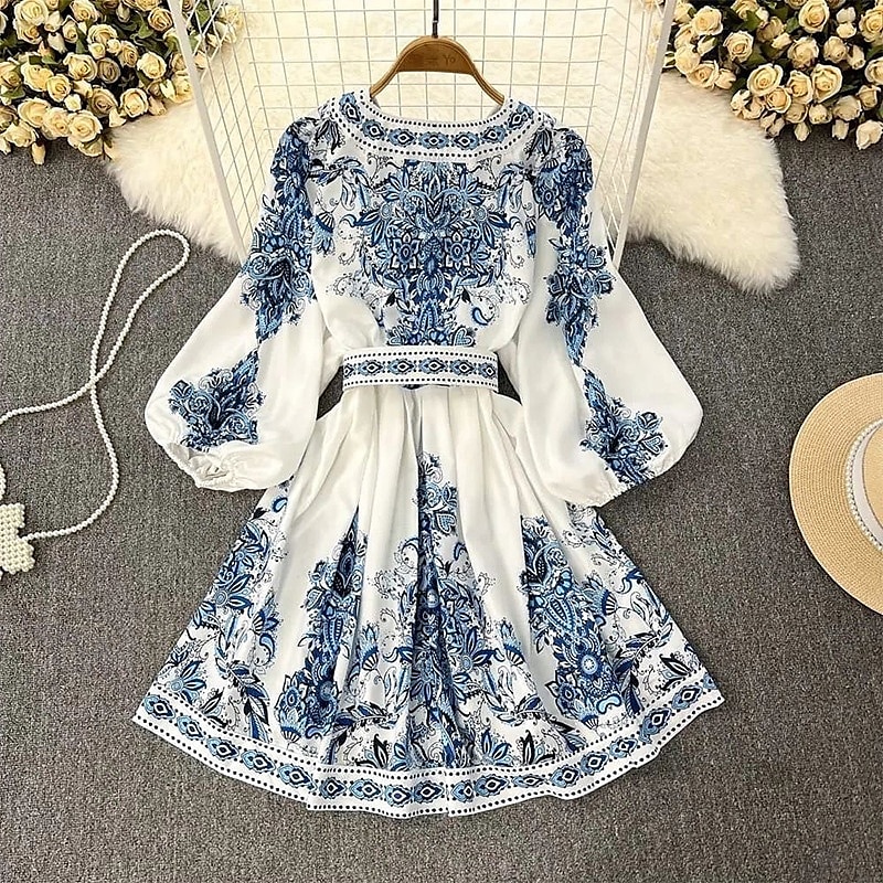 Dam Midiklänning Boho-klänning Klänning med tryck Mode Puffärmad Utomhus Helgdag Utekväll Normal Blomma Långärmad V-hals Blå Sommar 2025 - $26.99 –P3