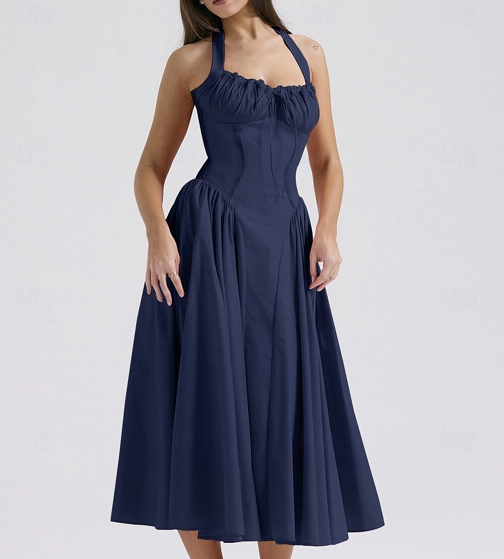 Retro Vintage Medieval Renaissance Midi Dress Flare Dress Ren Faire Halter Regency Inspired Floral Women's Masquerade Wedding Vacation Casual Daily Adults' Dress Summer 2025 - $32.99 –P19