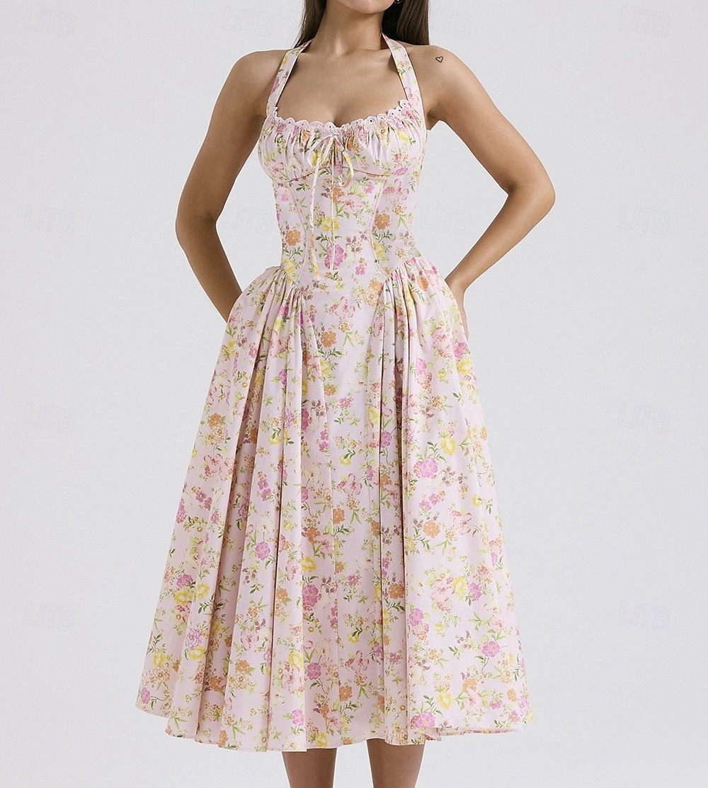 Retro Vintage Medieval Renaissance Midi Dress Flare Dress Ren Faire Halter Regency Inspired Floral Women's Masquerade Wedding Vacation Casual Daily Adults' Dress Summer 2025 - $32.99 –P5