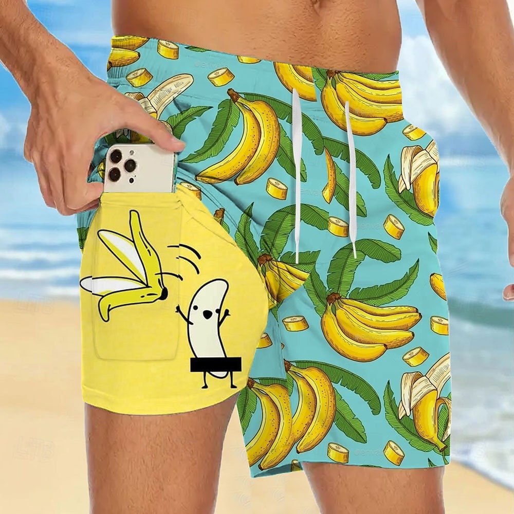 Men's Funny Banana Lined Shorts 2 in 1 Board Shorts Swim Shorts Mid Waist Hawaiian Vacation Holiday Beach Wear Side Pockets With Compression Liner Elastic Drawstring Waist Designer Clothing Apparel 2025 - $21.99 –P4