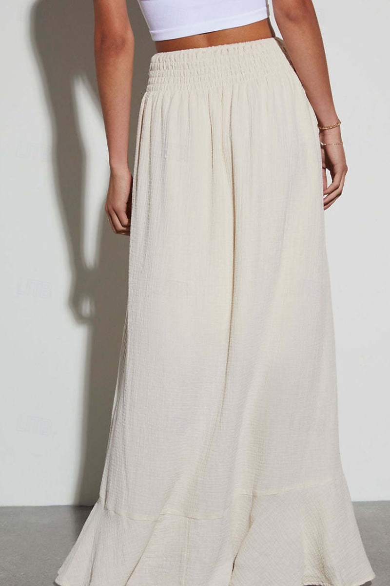 Jupes femme inspirées du lin, mode, maxi, taille mi-haute, uni, ourlet asymétrique, extrémités fourchues, micro-élastique, vacances, rue, noir, blanc, été, coton de 2025 ? $26.99 –P5