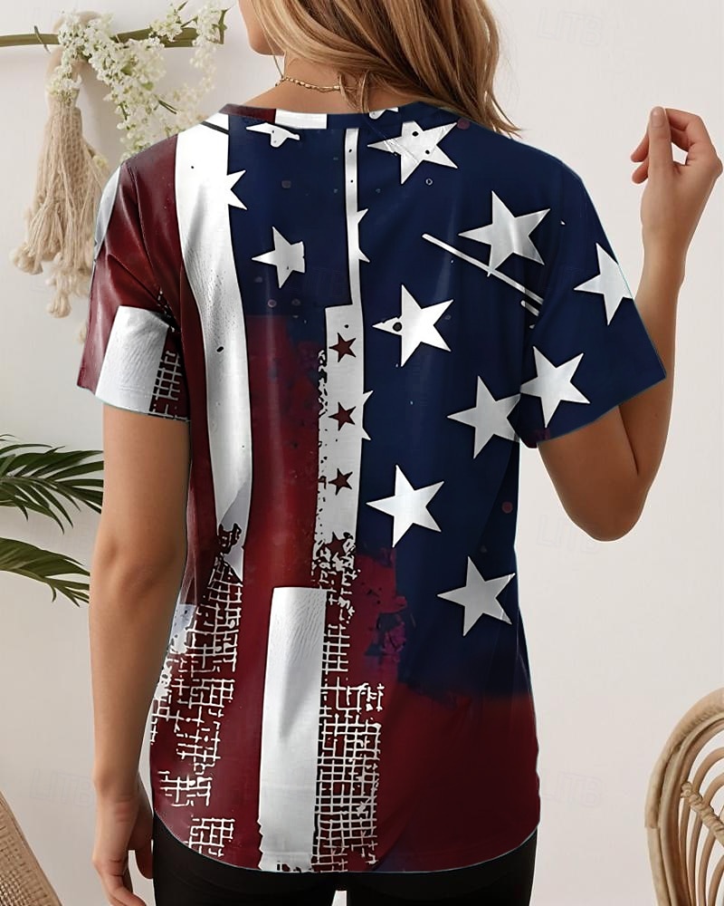 Tricou patriotic pentru femei cu steag steag național stilat casual roșu alb și albastru mânecă scurtă gât în V regular imprimeu zilnic albastru vară primăvară 2025 - $19.99 –P2