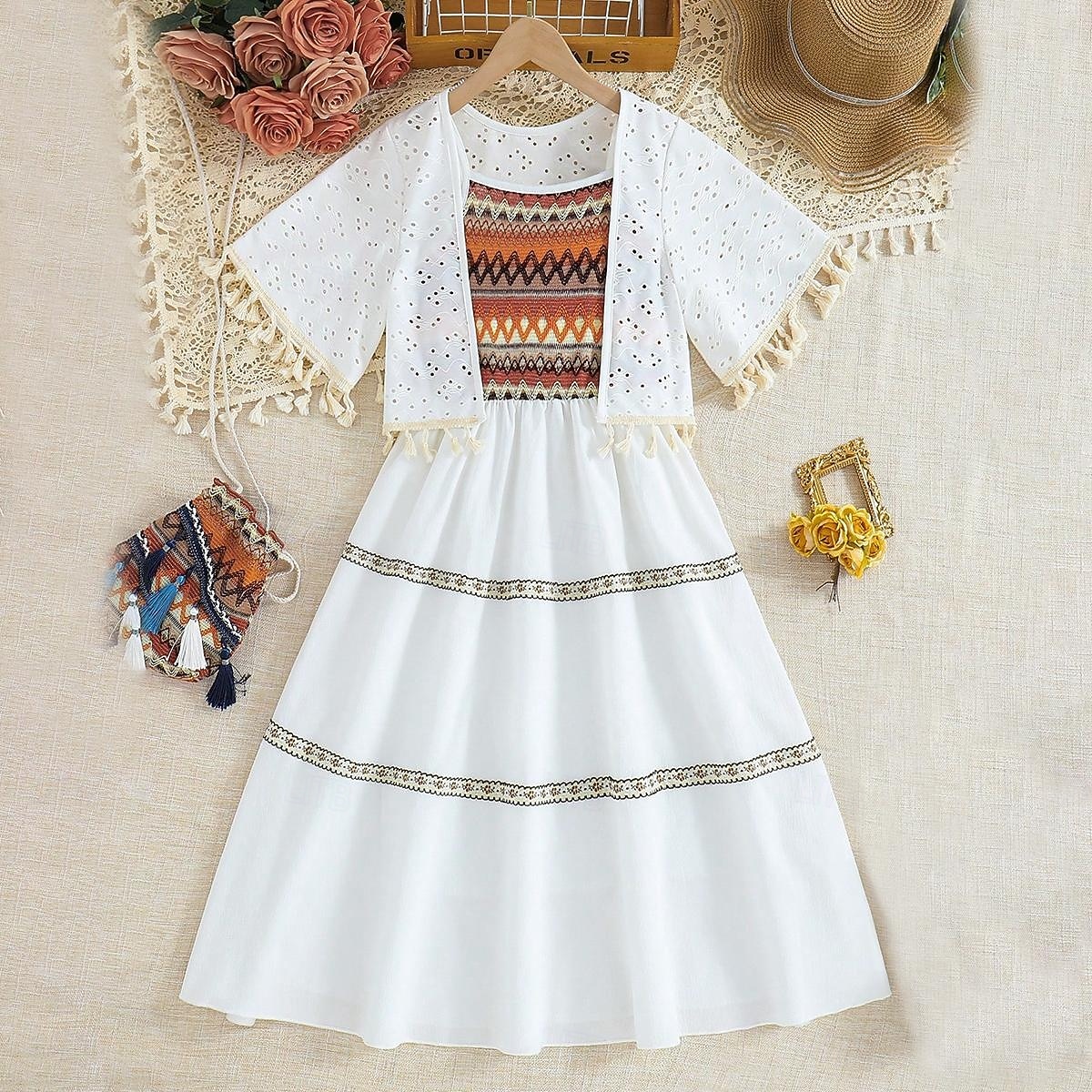 2 Pieces Kids Girls' Color Block Dress Suits Set Sleeveless Fashion School 7-13 Years Summer White 2026 - $31.99 –P1