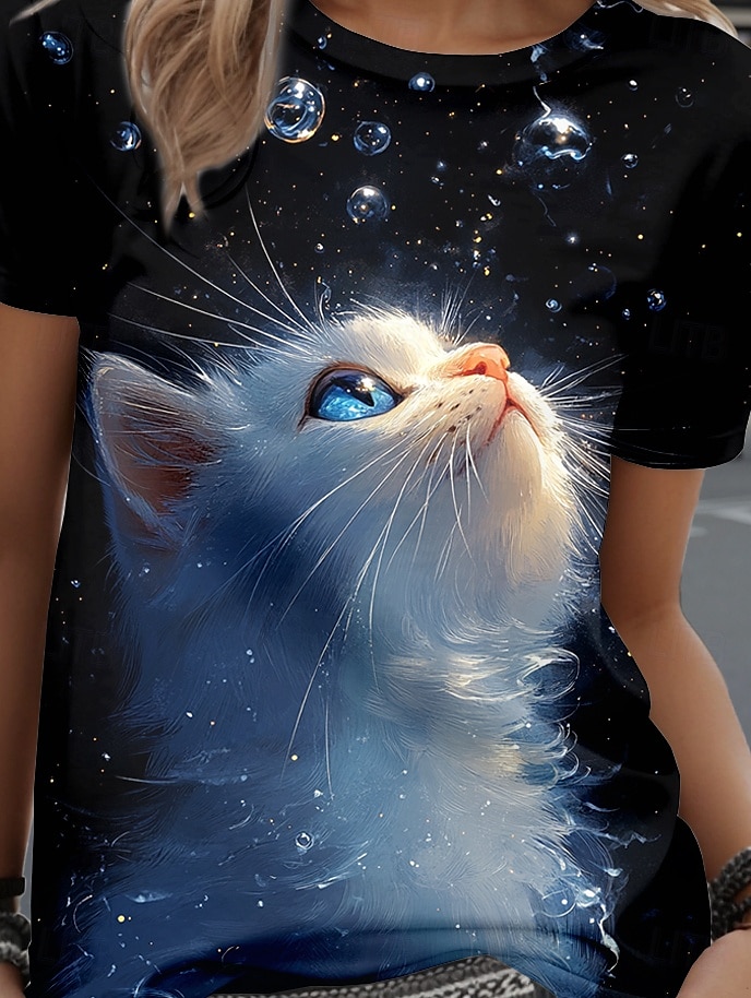 2025年 女性用 Tシャツ グラフィック 動物 猫 スタイリッシュ カジュアル 半袖 ラウンドネック レギュラートップス 日常 週末 プリント ブラック 夏 春 コレクション – $19.99 –P3