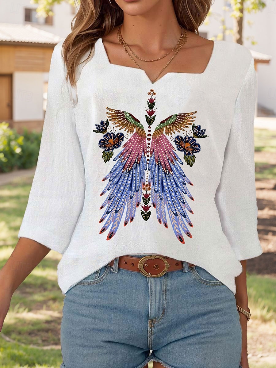 Bluzka Damska Graficzna Paisley Elegancka Rękaw 3/4 Z Nacięciem Regularne Top Codzienny Jak Len Na Wyjście Print Biała Lato 2025 - $23.99 –P1