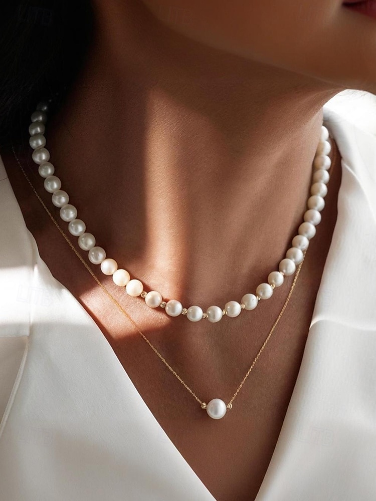 elegant lagerpärlhalsband för kvinnor – guldkedja med vita simulerade pärlor, klassiska vintagesmycken för bröllop, fester och formella evenemang 2025 - $7.99 –P1