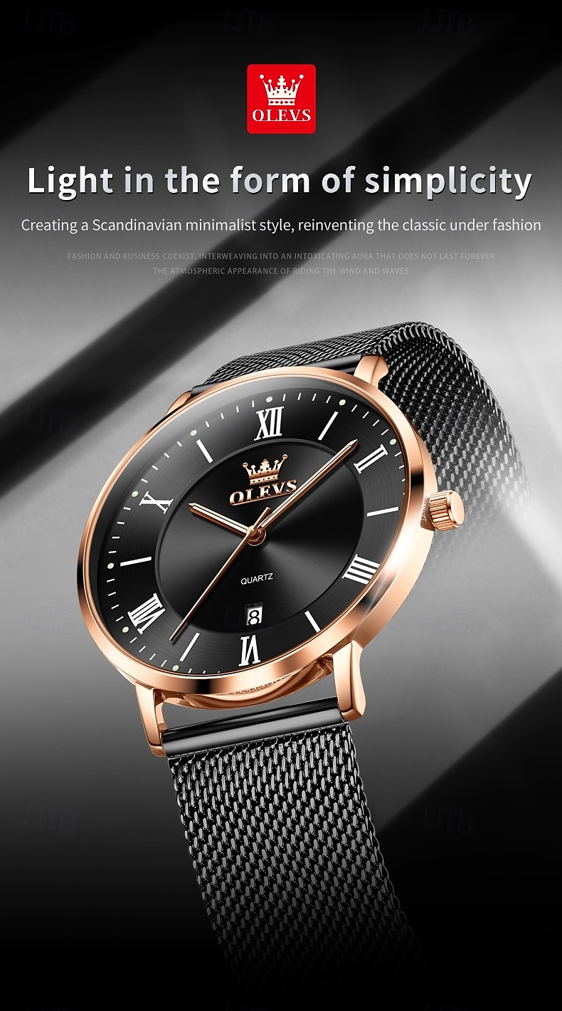 OLEVS 5623 Mens Watch Simple Leisure Roman Scale Date Dial Stainless steel Waterproof Quartz Watch Rose Black 2025 - $39.99 –P1