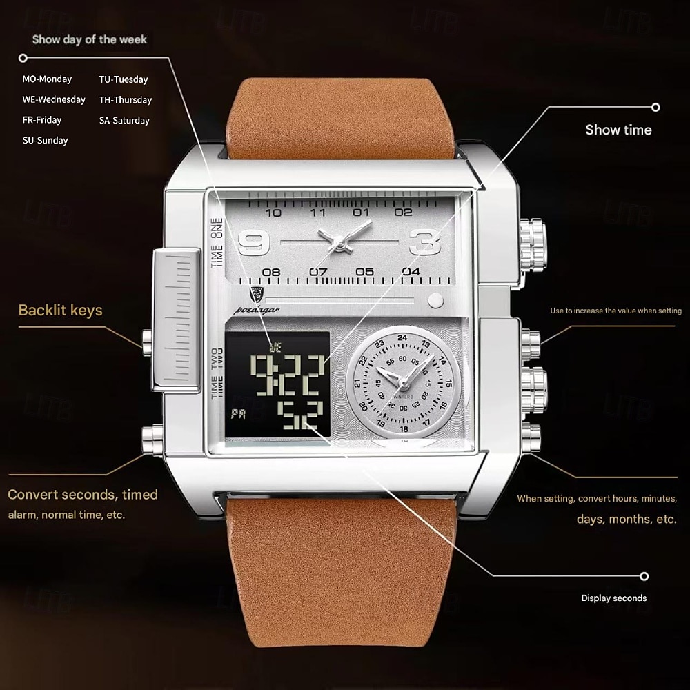 Ceas de lux pentru bărbați POEDAGAR ceas quartz sportiv rectangular rezistent la apă multifuncțional analogic cadran luminos cadouri de Ziua Tatălui 2025 - $34.99 –P1
