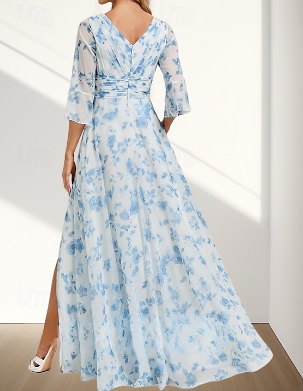 A-Line Brudens mor Kjole Bryllupsgjest Elegant V-hals Gulvlengde Chiffon 3/4 Lengde Erme med Folder Rynket Splitt Foran Bryllupsgjest Kjole 2025 2025 - $145.99 –P2