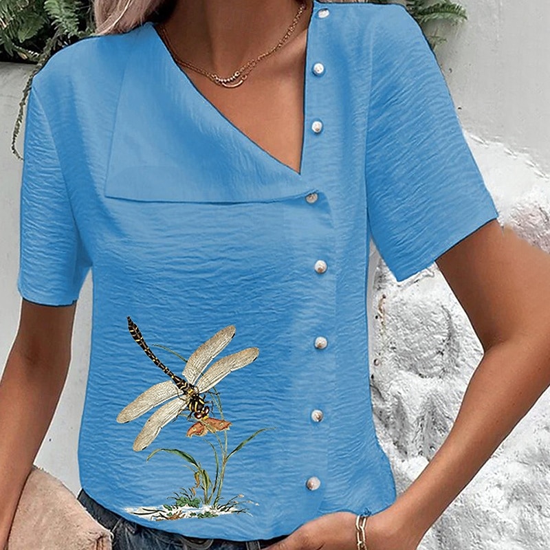 Women's Blouse Cotton Linen Shirts Flower Basic Casual Short Sleeve Asymmetrical Regular Tops Daily Holiday Buttons Print Black Blue Green Summer 2025 - $23.99 –P5