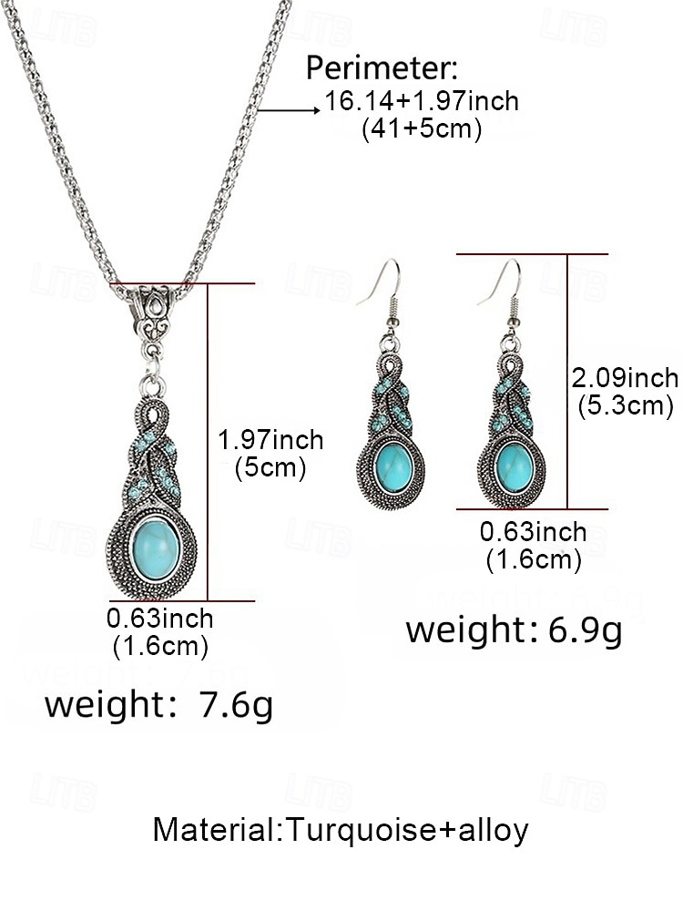 винтажный бирюзовый комплект украшений для женщин – серебряное ожерелье в стиле бохо, серьги и браслет, аксессуары в стиле вестерн-ковбой для вечеринок и фестивалей 2025 - $9.99 –P11