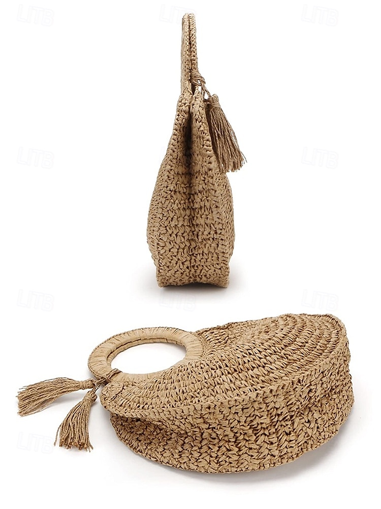 Women's Large Capacity Handmade Woven Straw Round Tote Bag - Bohemian Beach Tote with Tassels, Summer Vacation Rattan Wallet for Travel, Shopping and Vacation Brown Beige 2025 - $24.99 –P6