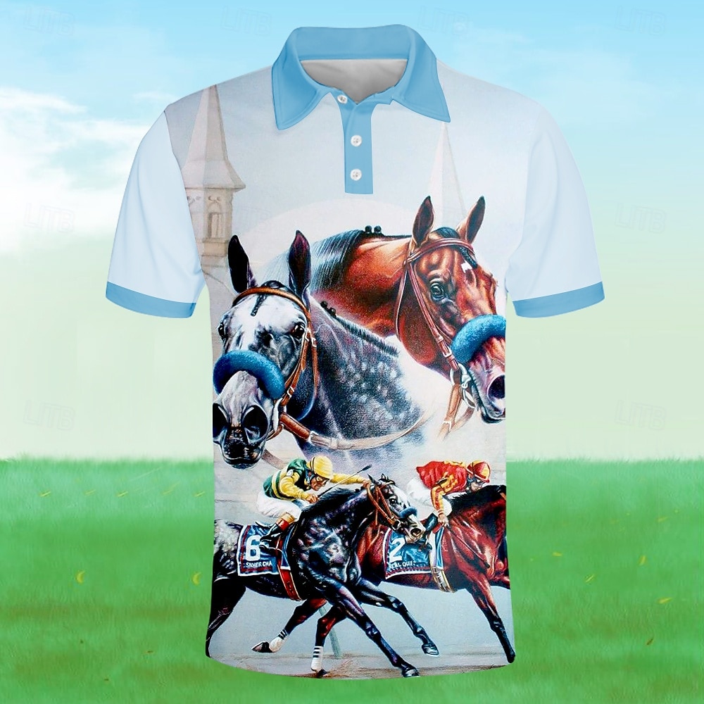 Kentucky Derby Pánské Koňské dostihy Pólo Krátký rukáv Polo tričko Košile s límečkem Obchodní příležitostné Škola Venkovní Denní nošení Festivalový outfit 3D tisk Léto Jaro Podzim Bílá 2025 - $27.99 –P1