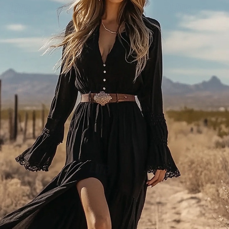 Femmes Robe Midi Robe bohème Robe occidentale Mode Classique Extérieur Quotidien Fête Coupe régulière Uni manche longue Col en V Noir Été de 2025 ? $34.99 –P2