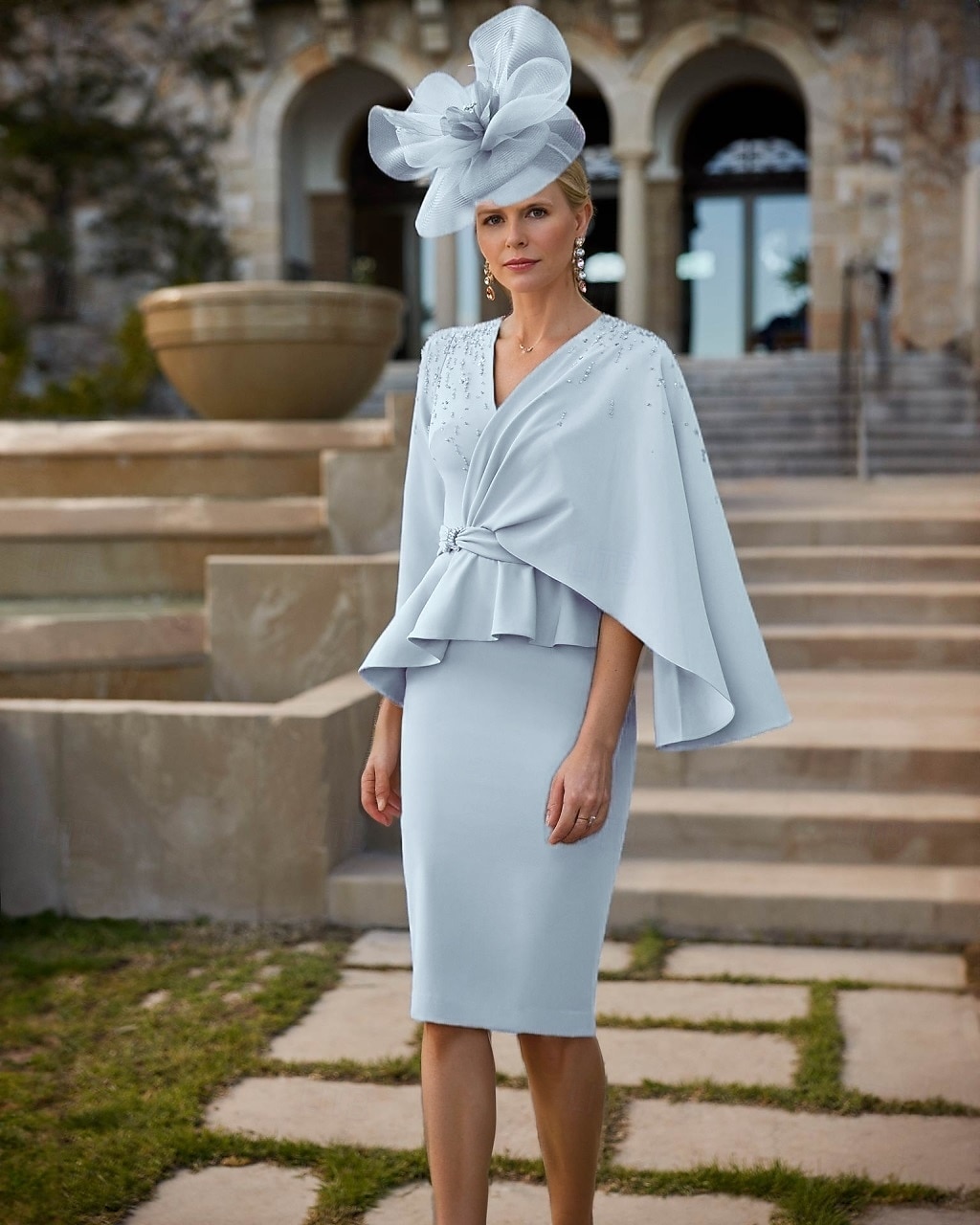 Lavendel Beaded Kolom Moeder van de Bruid Jurk Elegant Vintage V-Hals Theelepel Lengte Rekbare Stof Halve Mouw met Kant Beading Tier 2025 - $148.99 –P4