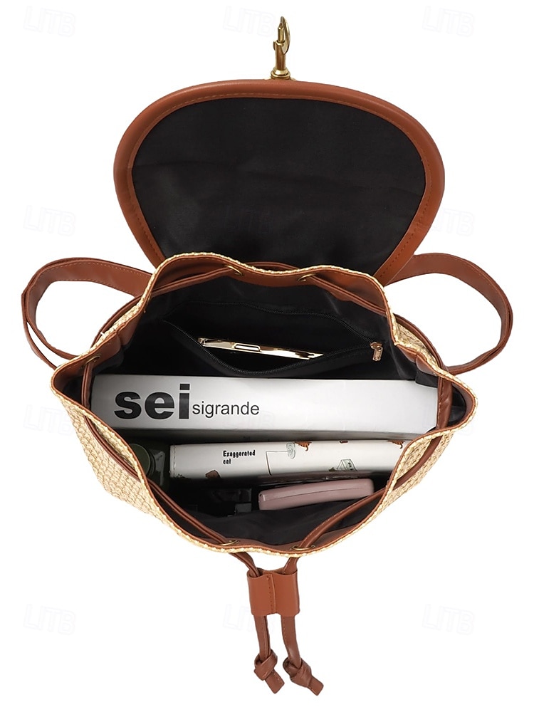 stro rugzak voor vrouwen – boho geweven rotan reistas met leren banden, chique zomer strand rugzak, casual vakantie & dagelijks gebruik handtas wit roze bruin 2025 - $29.99 –P9