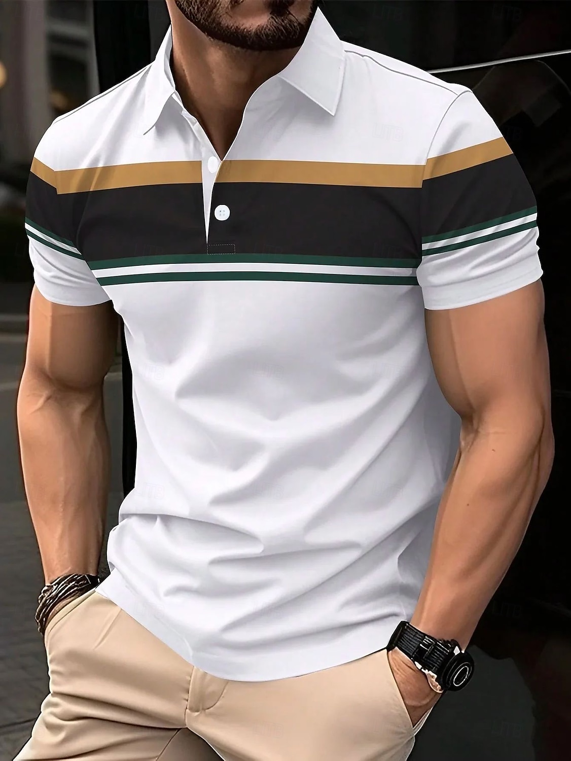 Men's Polo Shirts Golf Shirt Business Casual Ribbed Polo Collar Short Sleeve Fashion Basic Color Block Stripes Buttons Summer Spring & Fall Regular Fit Black Polo Shirts 2025 - $21.99 –P2