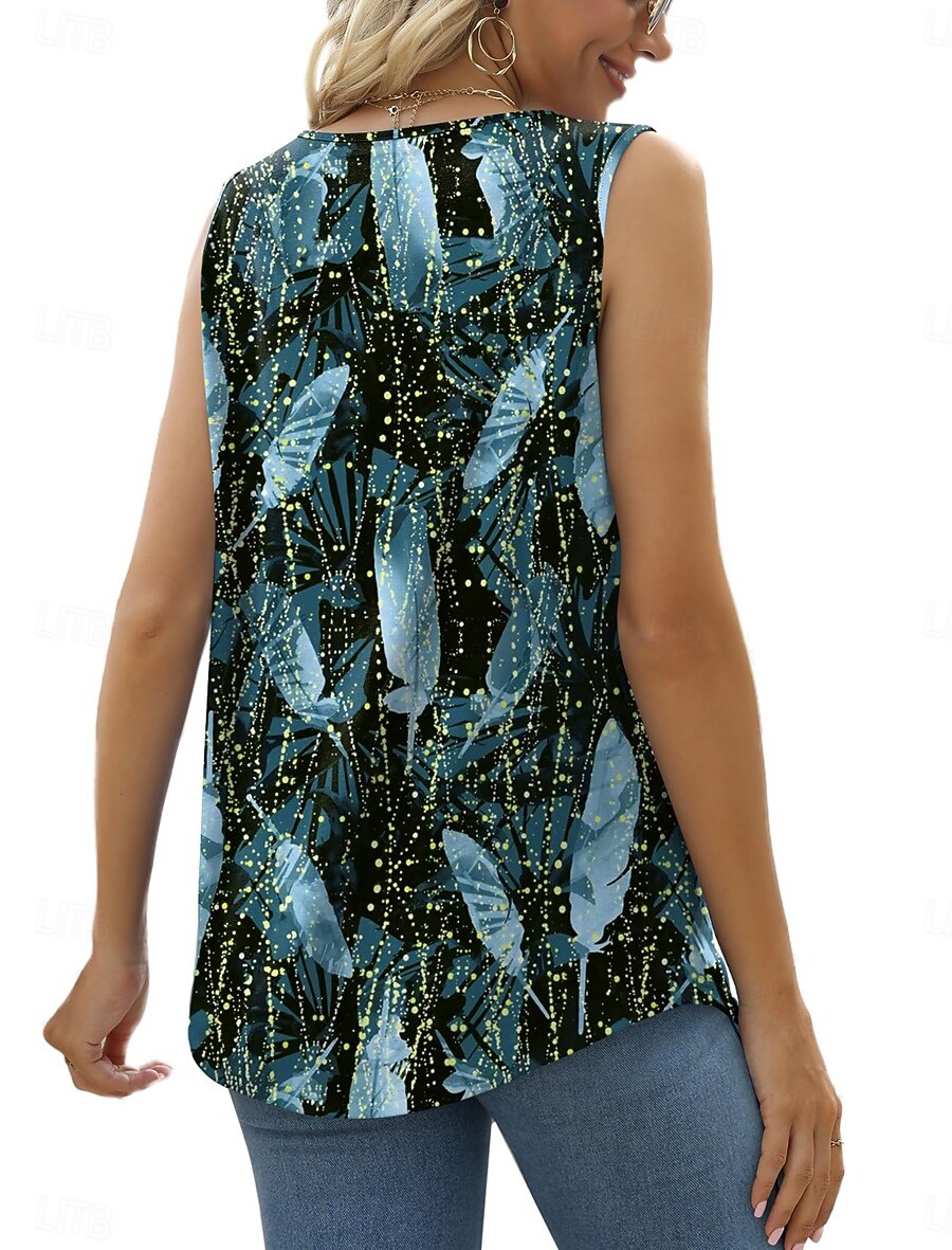 Dam Camisole linne Grafisk Löv Stylish Ledigt Ärmlös Fyrkantig hals Vanliga toppar Dagligen Rynkad Mönster Blå Sommar 2025 - $24.99 -P3