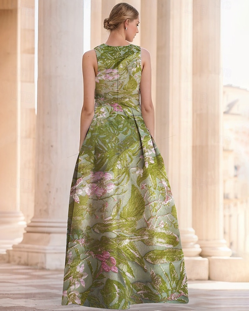 Robe de soirée A-Line en jacquard floral verte élégante Robe de mariage formelle longueur au sol sans manches en V en nylon avec poche fente Robe invitée de mariage de 2025 ? $139.99 –P3