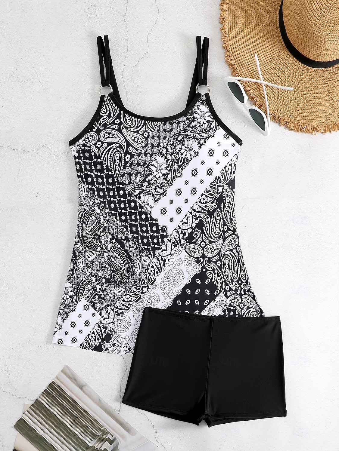 Dam Plusstorlekar Badkläder Tankini 2 st Längre baddräkt Pojkeben Baddräkt Hög midja Stickat Stylish Sportig Paisley Genomskinlig Rund hals Ärmlös Baddräkter 2025 - $24.99 –P1
