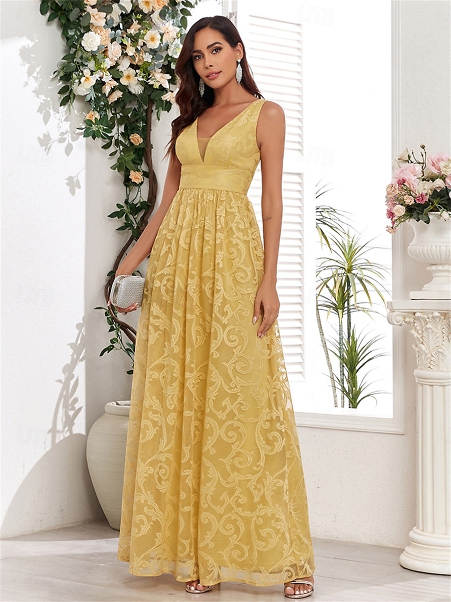Abiti A-Line per Quinceanera abito elegante matrimonio invitata a matrimonio lunghezza fino al pavimento senza maniche scollo a V in pizzo con pieghe del 2025 a $99.99 –P1
