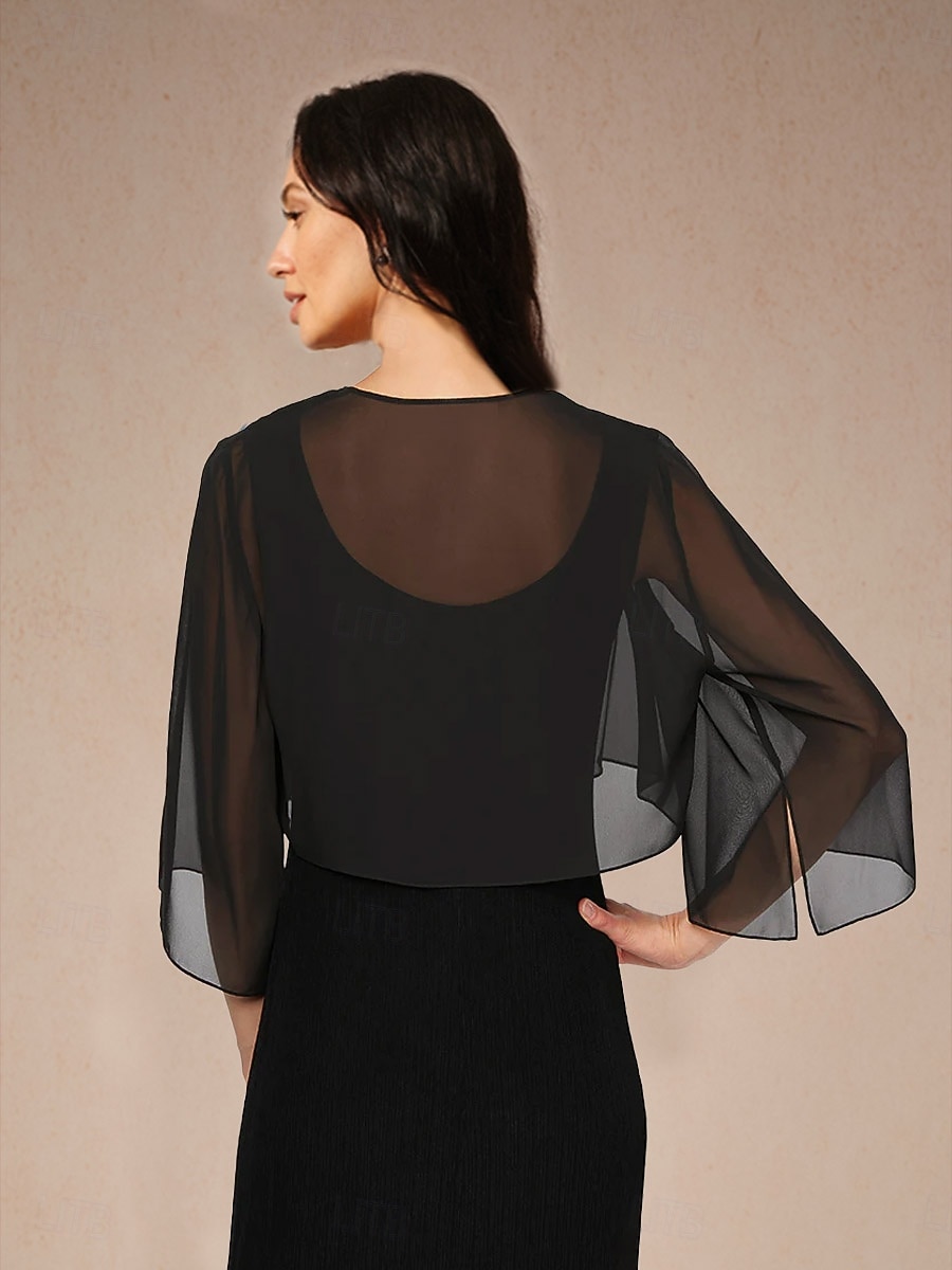 Pentru femei Topuri fluide Topuri din șifon Culoare solidă Elegant Lungime Manșon 3/4 Asimetric Crop Tops Invitat la nunta Negru Vară Primăvară Toamnă 2026 - $29.99 –P2