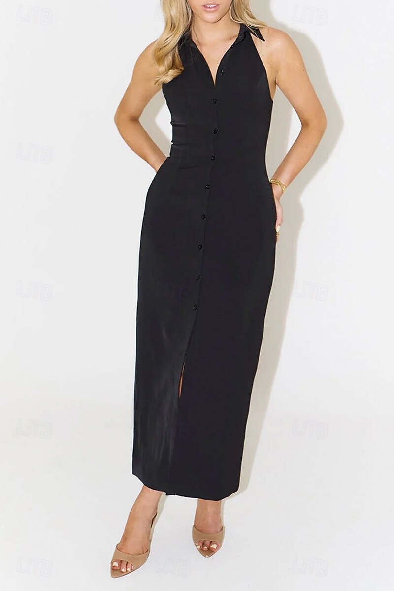 Pentru femei Rochii Midi Rochie albă Rochie de absolvire Modă Zi de Naștere Concediu Absolvire Fit regulat Simplu Fără manșon Guler Cămașă Negru Alb Vară 2025 - $32.99 –P17