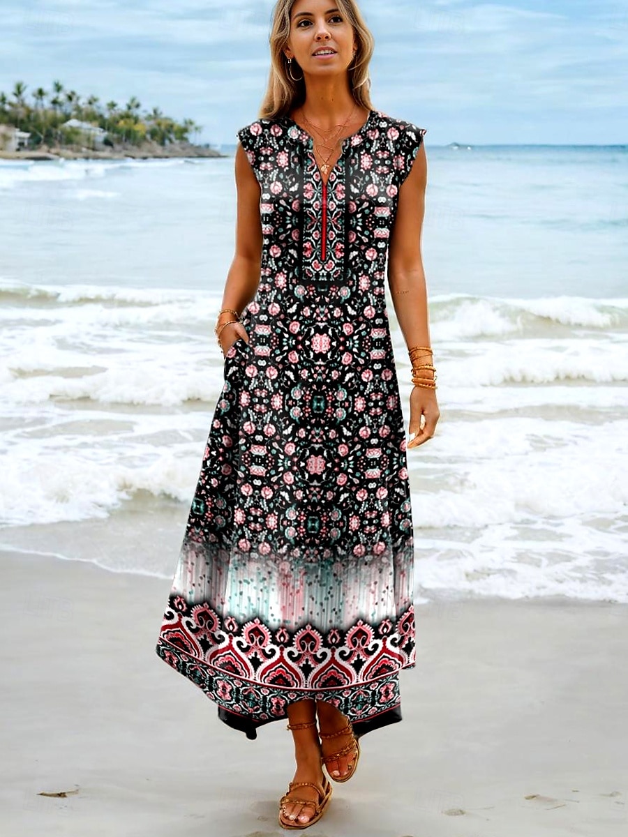 Women's Maxi Dress Sundress A Line Dress Vacation Boho Beach Party Beach Standard Fit Ombre Floral Graphic Sleeveless V Neck Black Summer Spring 2025 - $36.99 –P1