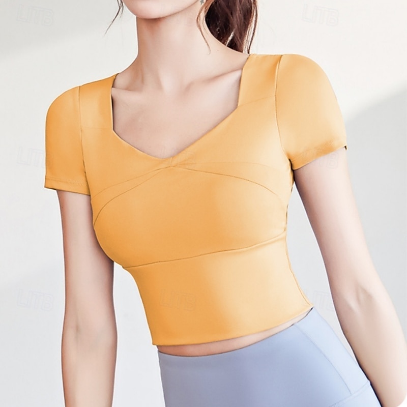 2025年 女性用 ランニングTシャツ 半袖 Tシャツ カジュアル アスレイジャー Vネック 高通気性 速乾性 ソフト ジムトレーニング ランニング ウォーキング スポーツウェア アクティブウェア ソリッド ブラック イエロー ピンク コレクション – $18.49 –P5