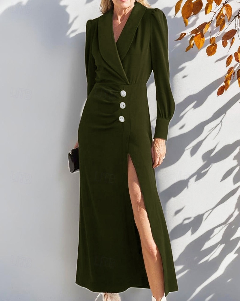 Robe de mère de la mariée sirène / trompette élégante à col en V fendu jusqu'au sol en satin crêpe léger manches bouffantes boutons en cristal avec fente 2025 de 2025 ? $110.99 -P7