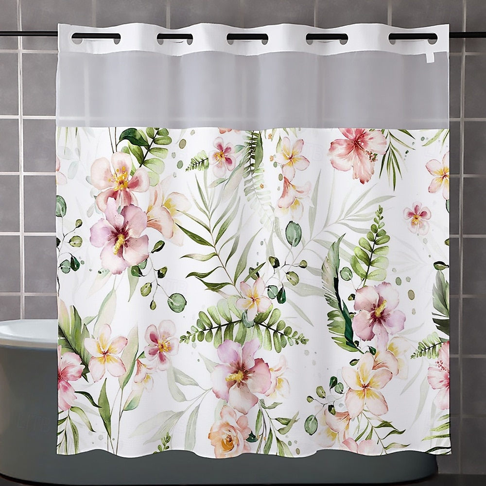 Ensemble de rideaux de douche à motifs floraux en tissu gaufré avec doublure snap-in et fenêtre transparente polyester déperlant haut avec œillets sans crochet rideau de séparation de salle de bain de 2025 ? $41.99 –P12