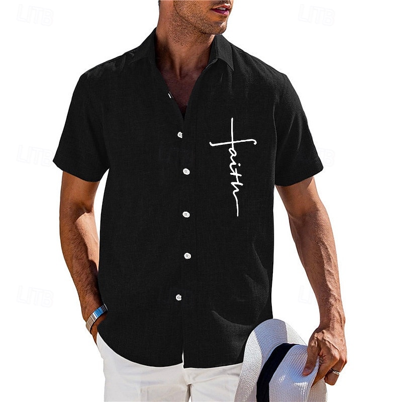 Herren Sommerhemd Freizeithemd Strandhemd Knopfhemd Schwarz Blau Grün Kaki Grau Kurzarm Muster Glaube Revers Urlaub Hawaiianisch Bekleidung Polyester Mode Lässig Bequem 2025 - $19.99 –P3