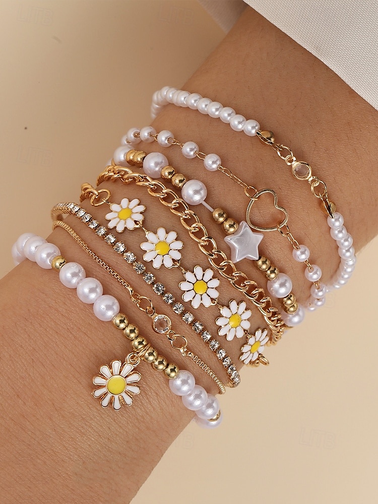 "Boho Daisy Pearl Bracelet Set for Women – Gold Chain & Beaded Layered Bracelets, Cute Floral Jewelry for Summer, Beach, Festivals and Casual Wear" 2025 - $7.99 –P3