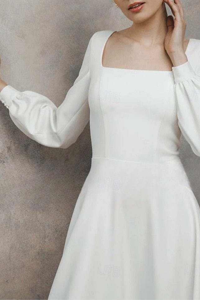 Fidanzamento Piccoli Abiti Bianchi Abiti da sposa Linea ad A Scollo Tondo Manica Lunga Lunghezza Tè Tessuto Elasticizzato Abiti da sposa Con Tinta unita 2025 del 2025 a $146.99 –P4