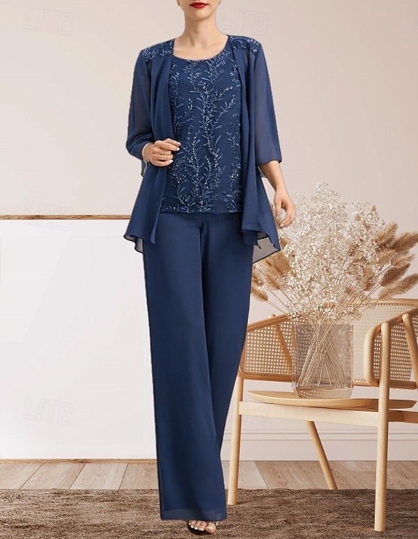 Jumpsuit / Pantsuit Mother of the Bride Dress Wedding Guest Elegant Crew Neck Floor Length Chiffon Lace 3/4 Length Sleeve with Lace 2025 - $168.99 –P1
