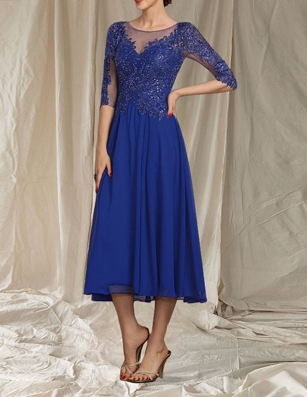 Robe de mère de la mariée en A-Line pour invitée de mariage col rond élégant longueur thé chiffon tulle manches demi-longues avec perles appliqués robe midi de 2025 ? $173.99 –P4