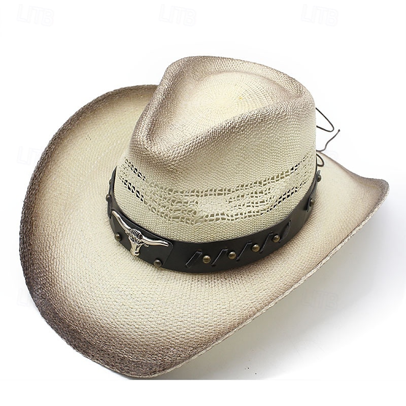 Men's Sun Hat Cowboy Hat Fedora Trilby Hat White Black / White Straw Rope Vintage Style Fashion 18th Century State of Texas Daily Theme Party Solid / Plain Color Sunscreen Cosplay 2025 - $27.99 –P3