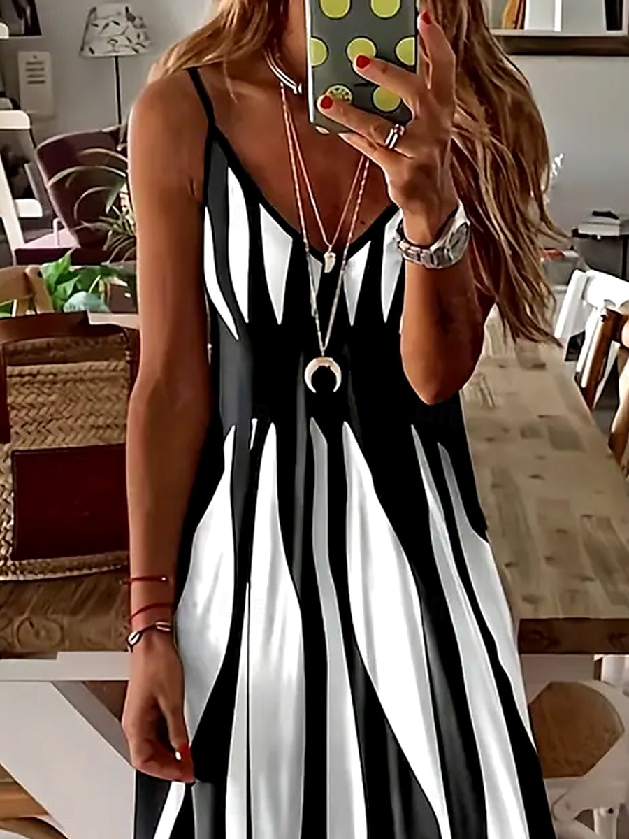Dam Maxiklänning A linjeklänning Sommarklänning Slipklänning Elegant Semester Ledigt Strand Normal Grafisk Geometrisk Rand Ärmlös V-hals Svartvit Sommar 2025 - $28.99 –P2
