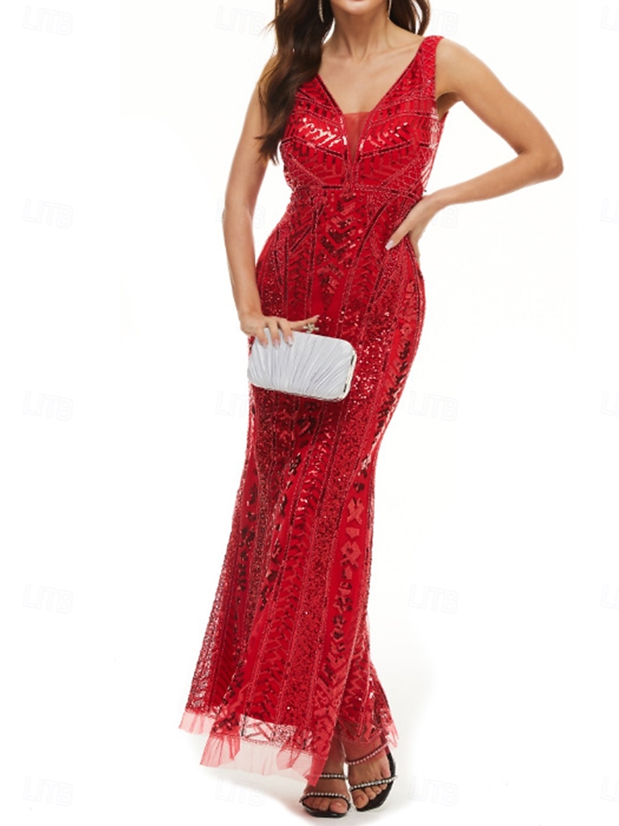 Kleid Mutter der Braut Kleid Elegantes Partykleid V-Ausschnitt Bodenlänge Polyester Ärmellos mit Pailletten 2025 - $79.99 –P1
