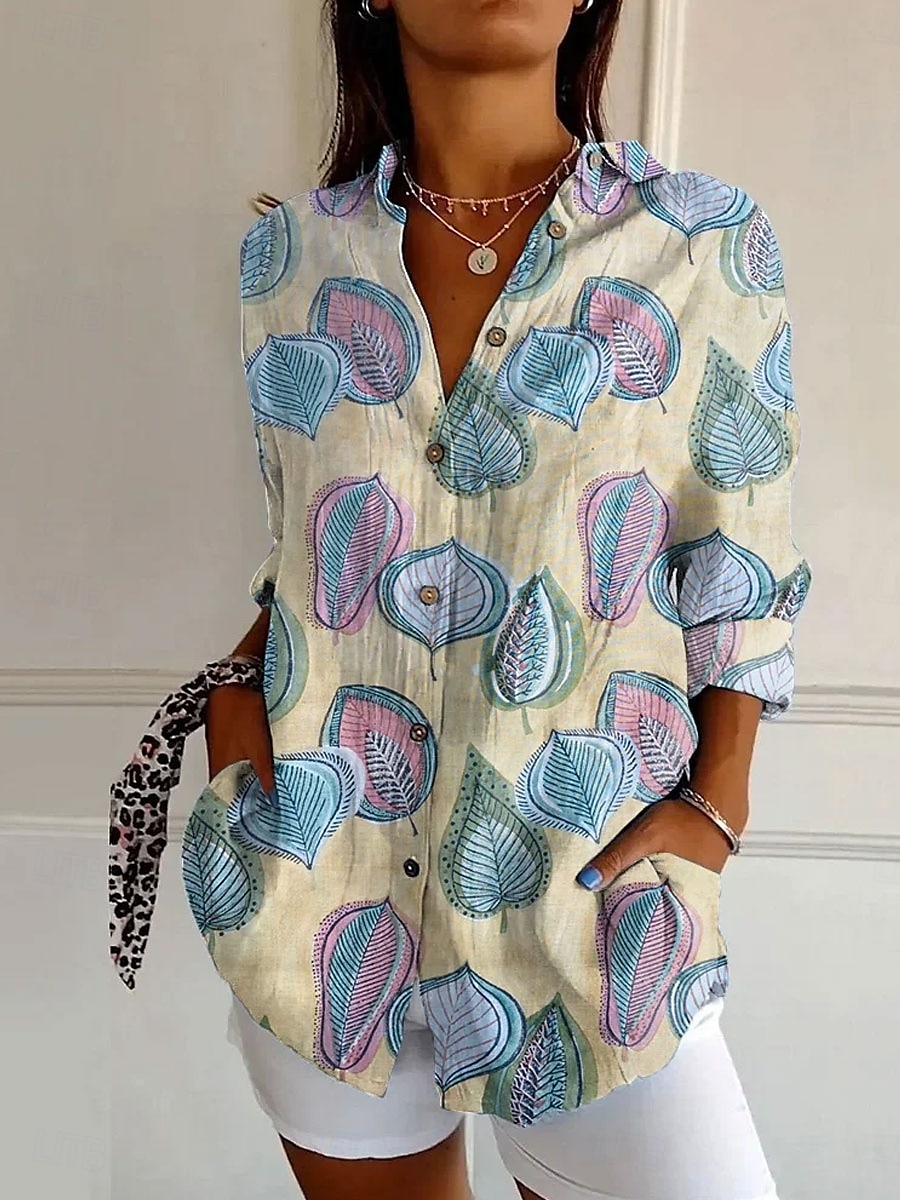 Dames Overhemd Bloemig Grafisch Casual Lange mouw Overhemdkraag Normale tops Werk Dagelijks Knop Afdrukken Geel blauw Groen Lente Herfst Winter 2025 - $32.99 –P2