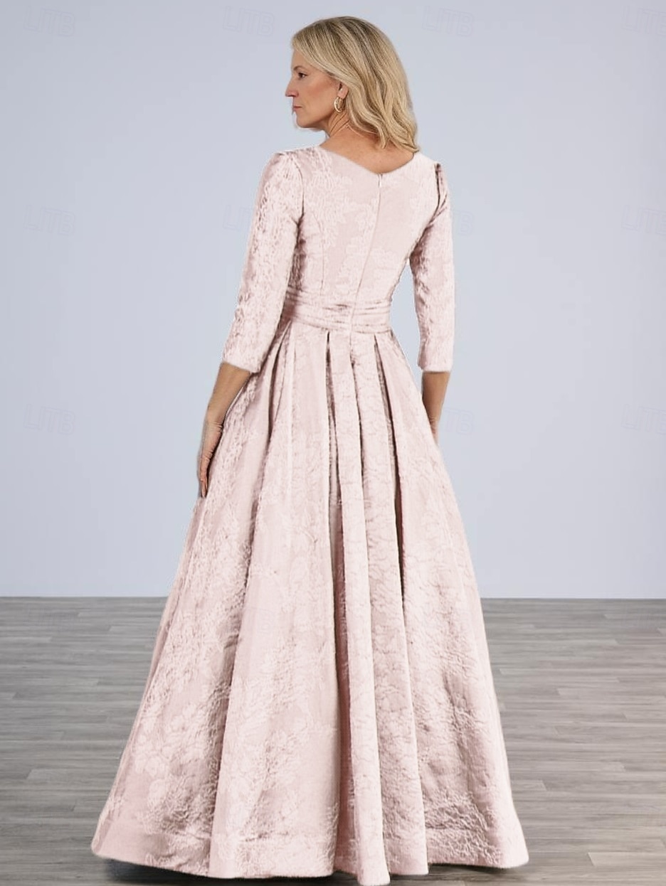 Blau Rosa Jacquard A-Linie Brautmutter Kleid Elegantes Vintage Bodenlänge Polyester Spitze Halblangarm mit Blume Hochzeitsgastkleid 2025 2025 - $159.99 –P3