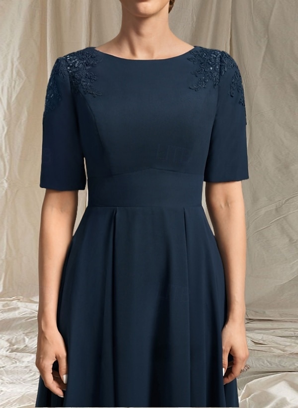 Robe Mère de la Mariée A-Line Invité de Mariage Élégante Col Arrondi Longueur Thé Chiffon Manches Courtes avec Perles Appliques Robe Midi 2025 de 2025 ? $142.99 –P5