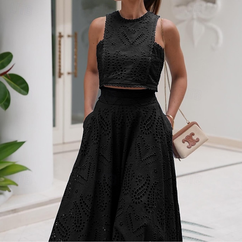 Damen kleid lang Zweiteiliges Kleid Elegant Modisch Urlaub Verabredung Ausgehen Regular Fit Glatt Ärmellos Rundhalsausschnitt Schwarz Weiß Gelb Rosa Sommer 2025 - $41.99 –P6