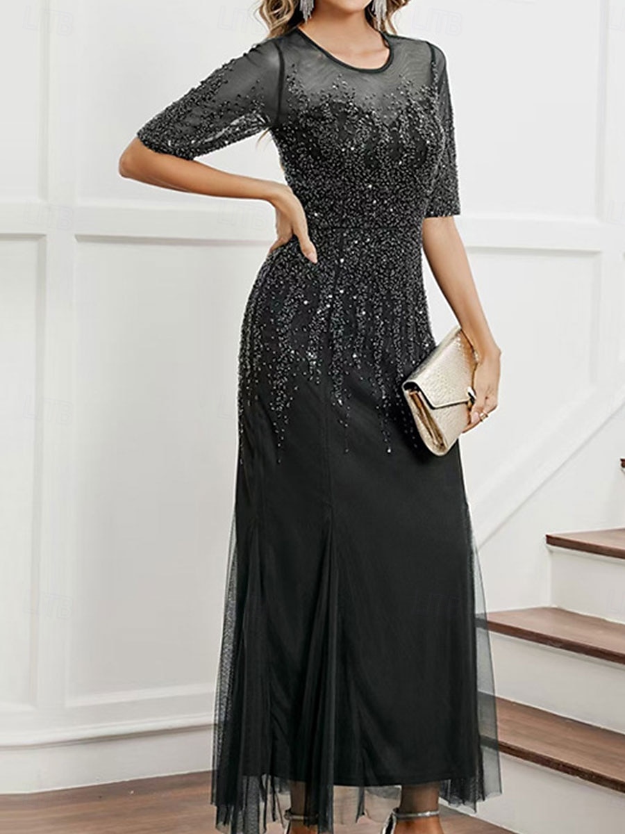 Dress Mother of the Bride Dress Elegant Party Black Dress Crew Neck Floor Length Polyester Half Sleeve with Sequin 2025 2025 - $129.99 –P9