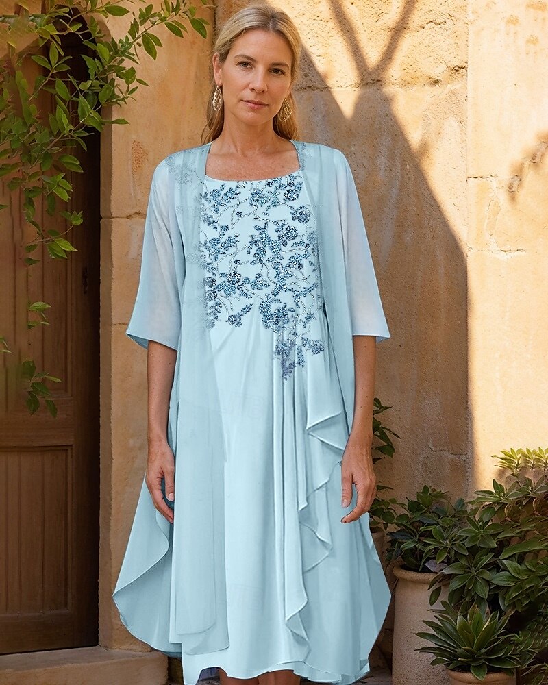 Zweiteilig A-Linie Brautmutterkleid Elegant Minimalistisch Glanz & Glamour Rundhalsausschnitt Knielang Chiffon Spitze Halbarm Mit Schal Jackenkleider mit Perlenstickerei Rüschen Applikationen 2025 2025 - $149.99 –P1