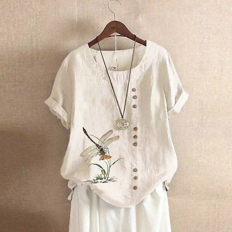 Pentru femei Cămăși Bumbac In Bluză In din bumbac artificial Nasturi Imprimeu Floare Modern Casual Manșon scurt Stil Nautic Topuri obișnuite Concediu Ieșire Alb Galben Verde Militar Trifoi Vară 2026 - $19.99 –P4