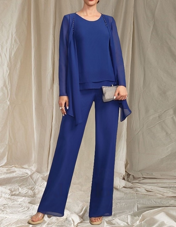 Jumpsuit / Pantsuit 3 Piece Mother of the Bride Dress Wedding Guest Elegant Crew Neck Floor Length Chiffon Long Sleeve with Beading 2025 - $143.99 –P3