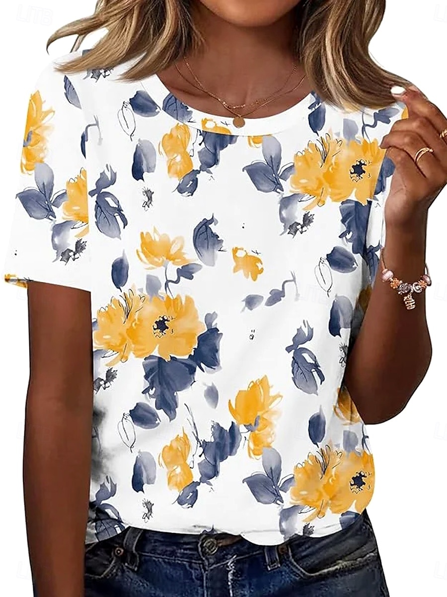 Femmes T-shirt Fleuri Graphique Élégant Occasionnel Manche Courte Col rond Hauts Réguliers Quotidien Week-end Imprimé Jaune Été Printemps de 2025 ? $19.99 –P4